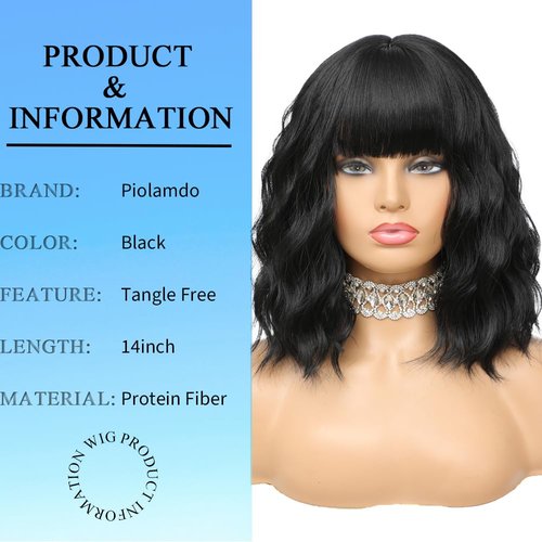 Short Wavy Black Wig with Bangs 14inch Natural Black Wigs for Women Short Curly Bob Wigs Synthetic Natural Looking Hair Replacement Wigs Costume Cosplay Halloween Wig(14'' Black)