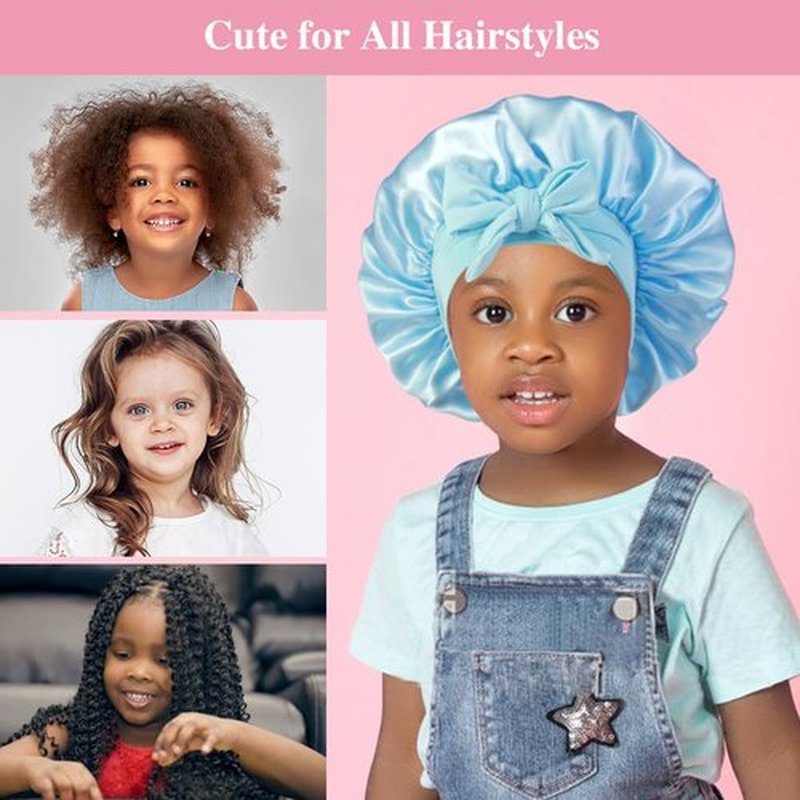 2+2 Satin Bonnets with Scrunchies for Kids, Cute Hair Bonnets for Girls Sleeping Curly Hair, C