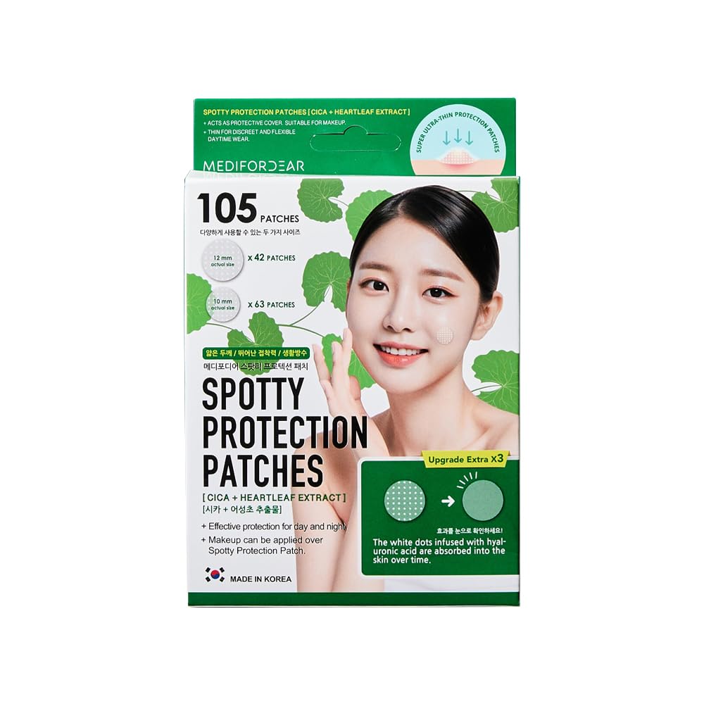 MEDIFORDEAR Spotty Protection Patches 105 Patches [Cica + Heartleaf], Ultra-Thin Hydrocolloid, 2 Sizes, Fast-Acting, Invisible Under Makeup