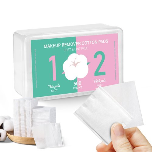 ICOTLE Square Makeup Cotton Pads, 100 Thick + 400 Ultrathin Soft Lint Free for Removing Makeup, Lint-Free Multi-Purpose Facial Cotton Pads for Toner