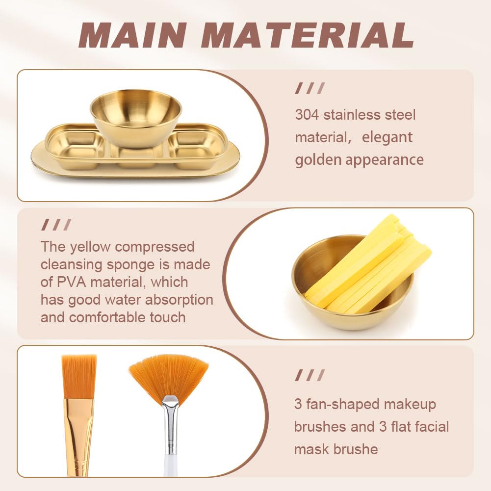 23Pcs Esthetician Supplies for Facials Set, 3 Gold Mixing Bowls Serving Tray 3- Compartment Serving Tray 3- Facial Fan Brushes 3-- Flat Brushes, 12 Facial Sponge Compressed Round