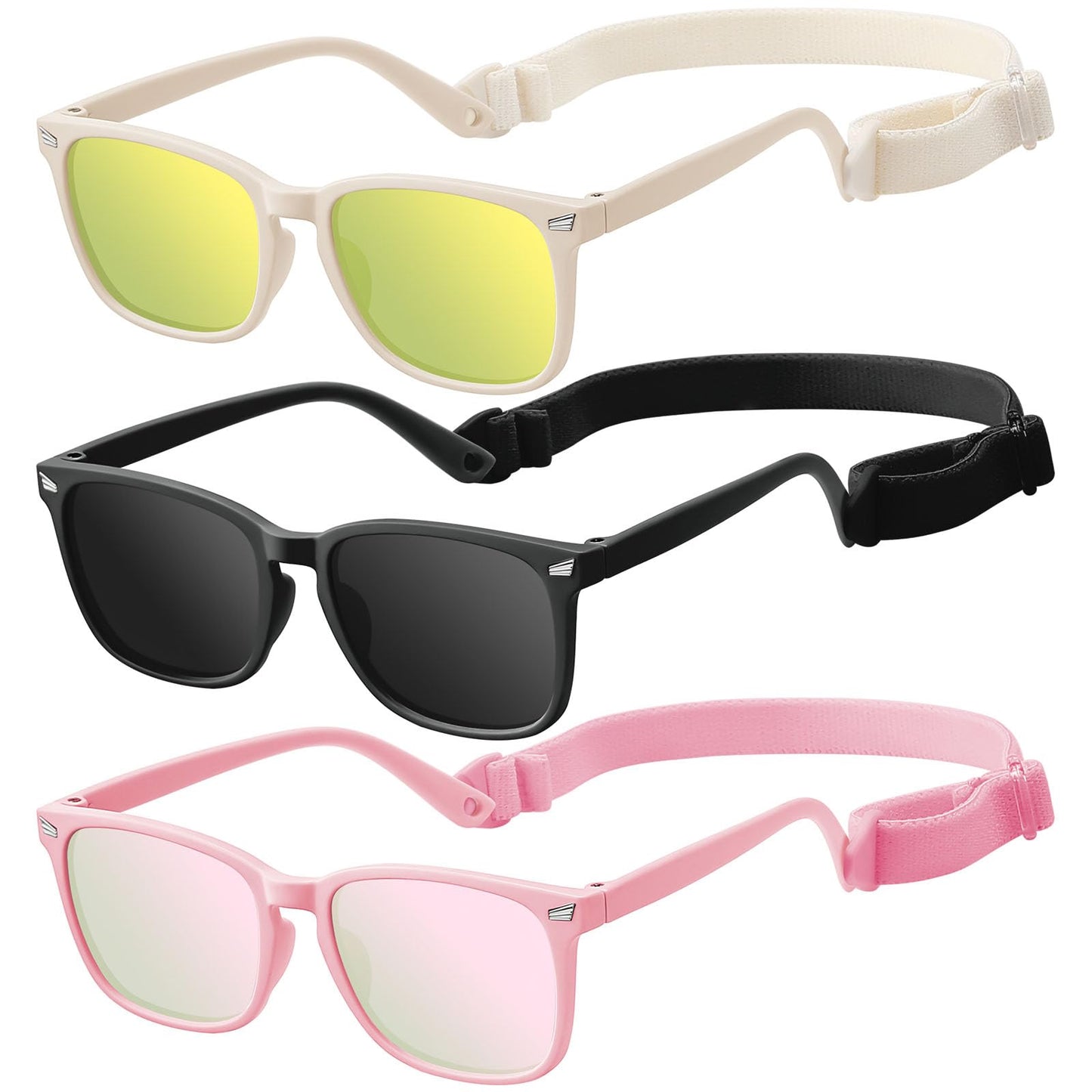 zestero Baby Infant Toddler Sunglasses with Strap for Boys Girls Age 0-24 Months, 3 Pack Flexible TPEE Rubber Frame Kids 100 UV Protection Sunglasses Newborn Shades