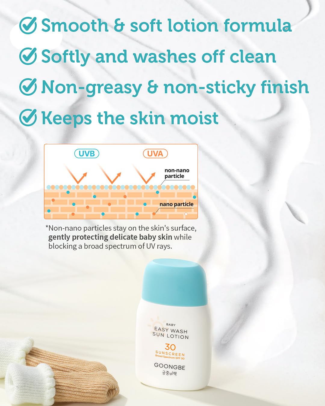 GOONGBE Baby Easy Wash Sun Lotion SPF 30 & Soothing Water Gel Cream - Korean Zinc Oxide Mineral Sunscreen & Cooling Moisturizer - Vegan Hypoallergenic for Ages 0-3, Lotion 2.11oz & Gel Cream 3.38oz