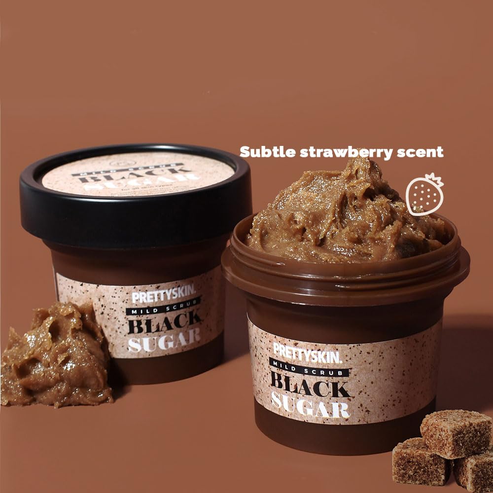 PRETTYSKIN Gentle Strawberry Scent Black Sugar Mild Scrub for Smooth & Hydrated Skin - Natural Exfoliating Scrub with Plant-Based Oils for Sensitive Skin - All Skin Types 3.52 oz