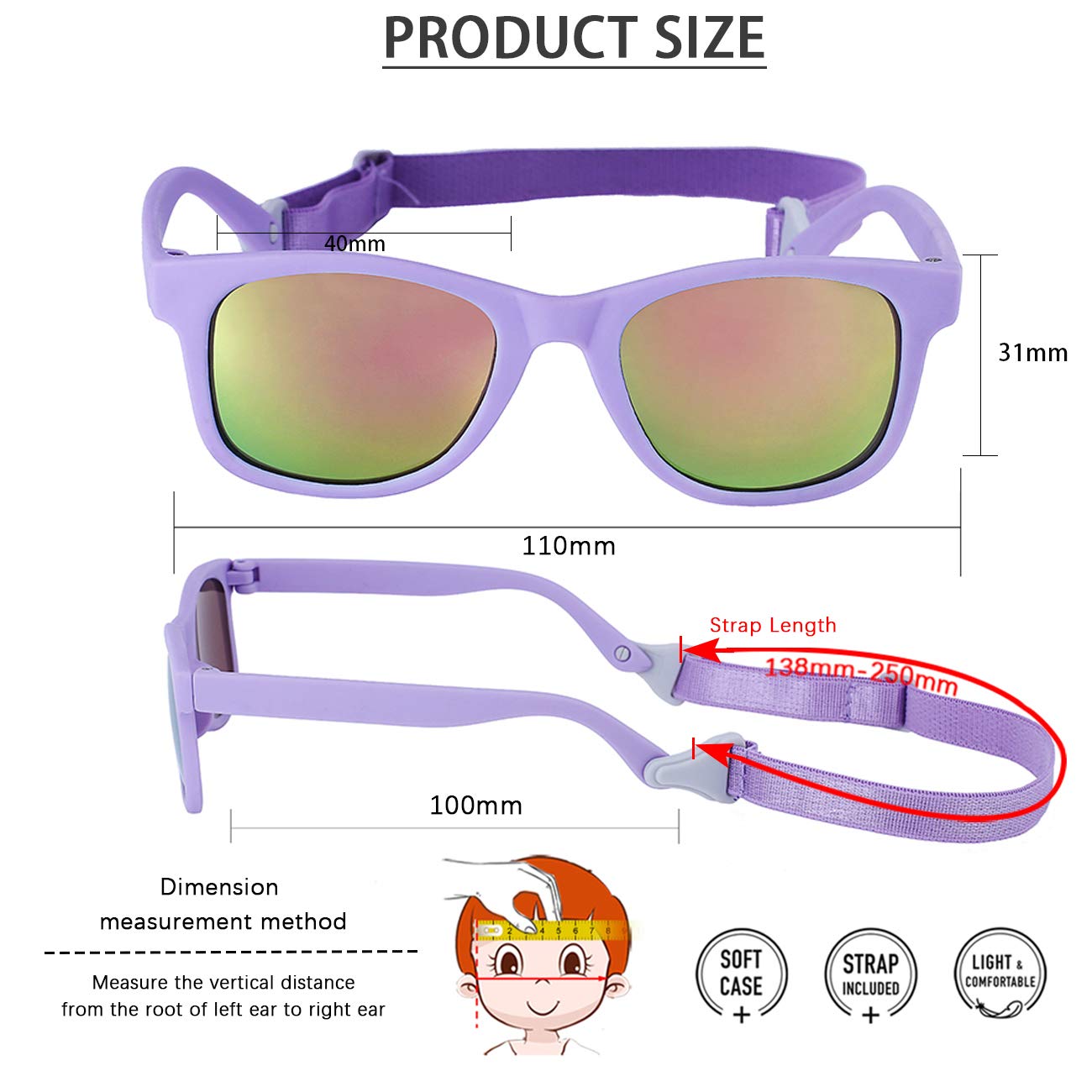 MAXJULI Baby Infant Sunglasses Safe, Soft, With Adjustable Strap 0-24 Months BPA Free (Black/Black+Purple/Red