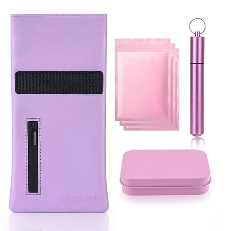 Gosstek Pocket Size Smell Proof Storage Bag with 3 Small Accessories, PU Leather Smell Proof Storage Case and Great Gift for Women, Portable Pocket Pouch for Home and Travel (Purple Set)