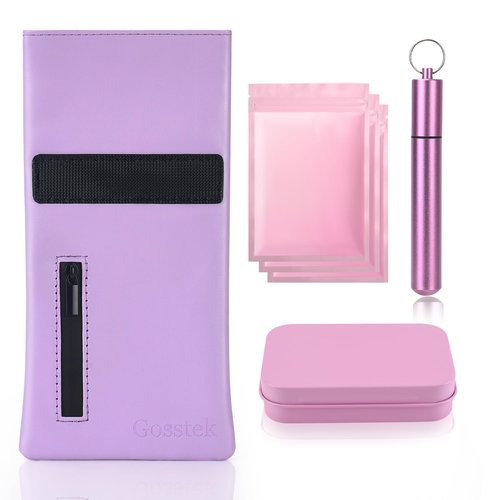 Gosstek Pocket Size Smell Proof Storage Bag with 3 Small Accessories, PU Leather Smell Proof Storage Case and Great Gift for Women, Portable Pocket Pouch for Home and Travel (Purple Set)