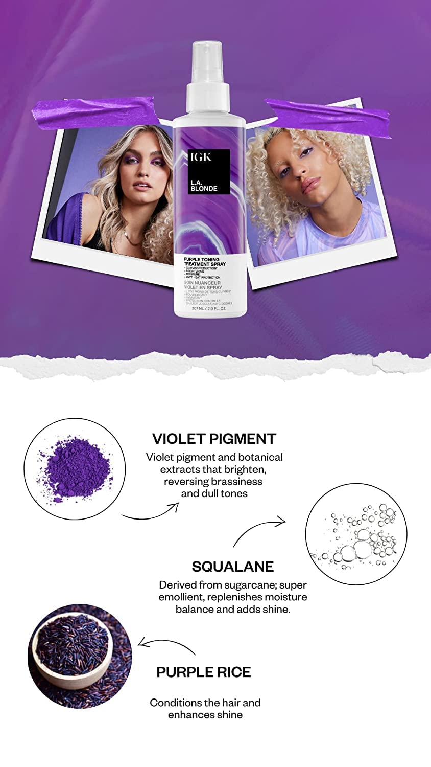 IGK LA BLONDE Purple Toning Treatment Spray | Brighten + Neutralize Brass + Heat Protectant | Vegan + Cruelty Free | 7 Oz