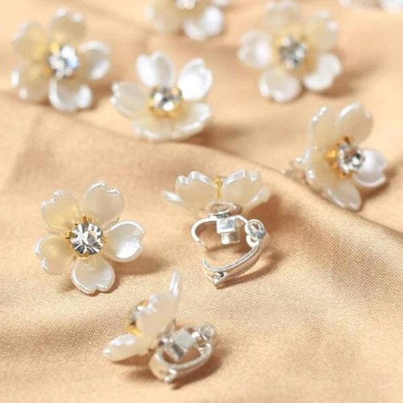 10pcs Mini Flower Hair Clip - Hair Styles DIY Accessories with Rhinestone Designs White Flower Hair Button Hair Ring for Thin/Thick Hair, Cute Small Flower Claw Hair Clips Hair Barrettes