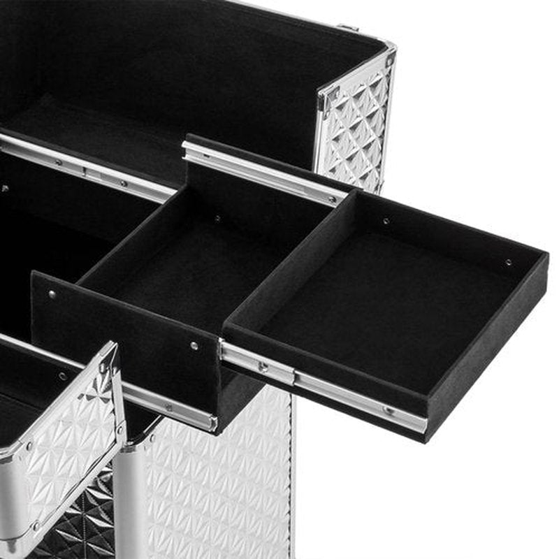 Rolling Makeup Train Case with Drawers&4 Wheel, Professional Aluminum Cosmetic Trolley Cases, Manicure Storage Case Trolley Makeup Case, Portable Beauty/Hair Styling Travelling Cart Trunk (Silver)