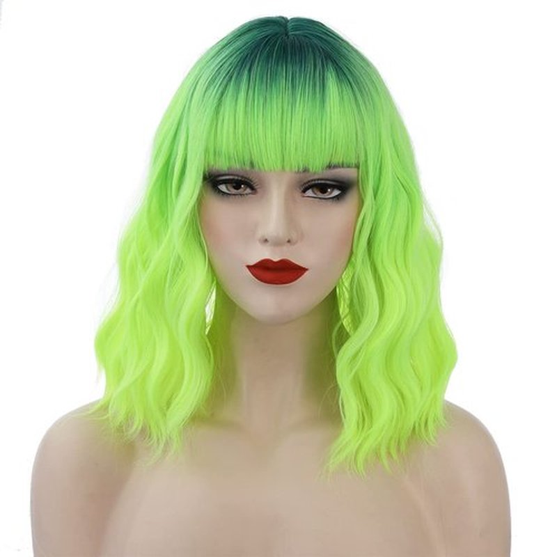 PATTNIUM Green Wig Short Wavy Wig Ombre Green Wig with Bangs Lime Green Wig Women Girls Heat Resistant Synthetic Wig (Lime Green)