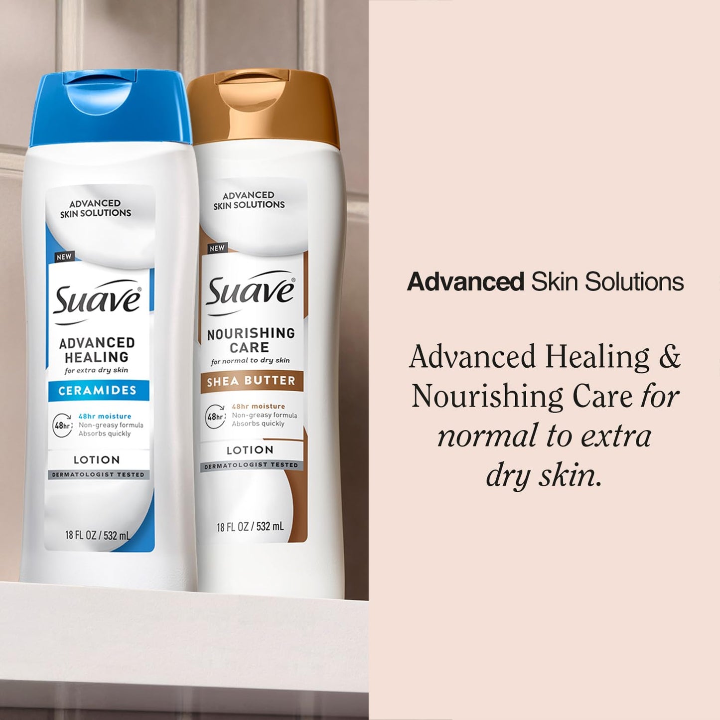 Suave Lotion Variety 2-Pack Bundle – Nourishing Care with Shea Butter + Advanced Healing Hand & Body Lotion for Extremely Dry Skin with Ceramides, 18 Oz Ea