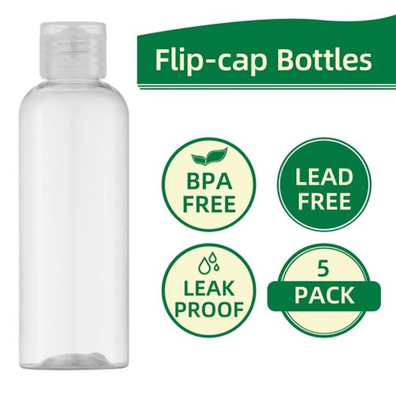 LISAPACK 3.4Oz Travel Bottles with Flip Cap (5 Pcs) Empty Dispenser Container for Travel Size Cosmetics (100ml, Clear Cap)