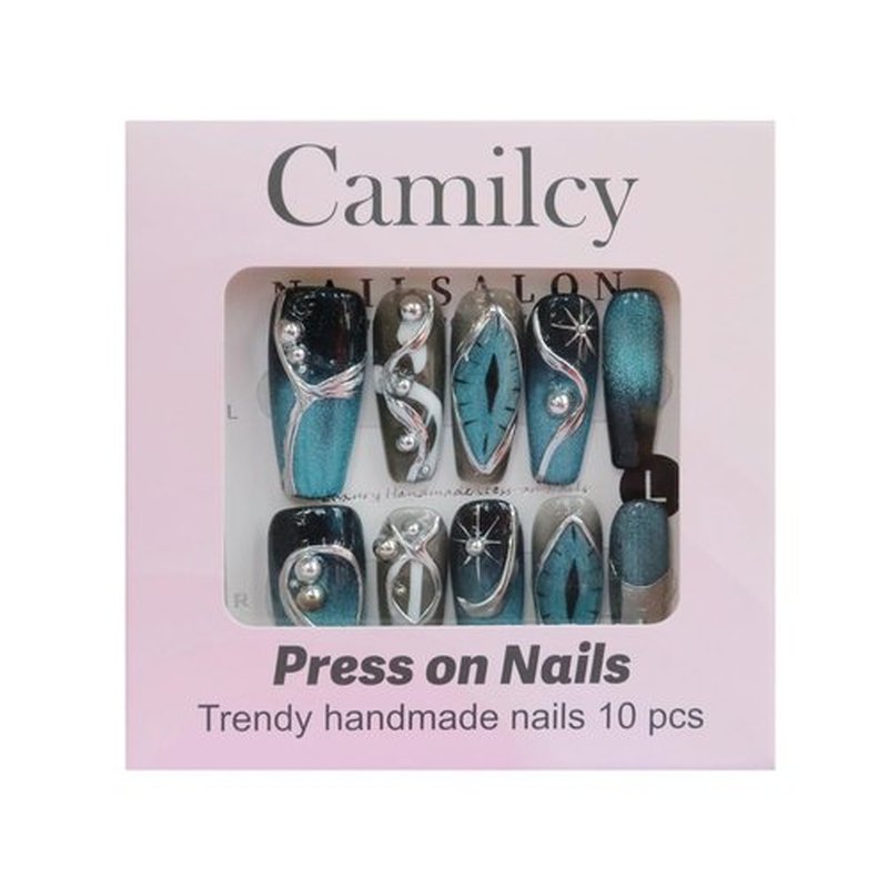 CAMILCY Handmade Nails Press on Almond Nail Pointed Green Gold Crystal Glitter Design Hand painted Reusable Gel UV Finished Pre shaped False Nails for Women 10pcs 3D Handmade Nails (A048, S)