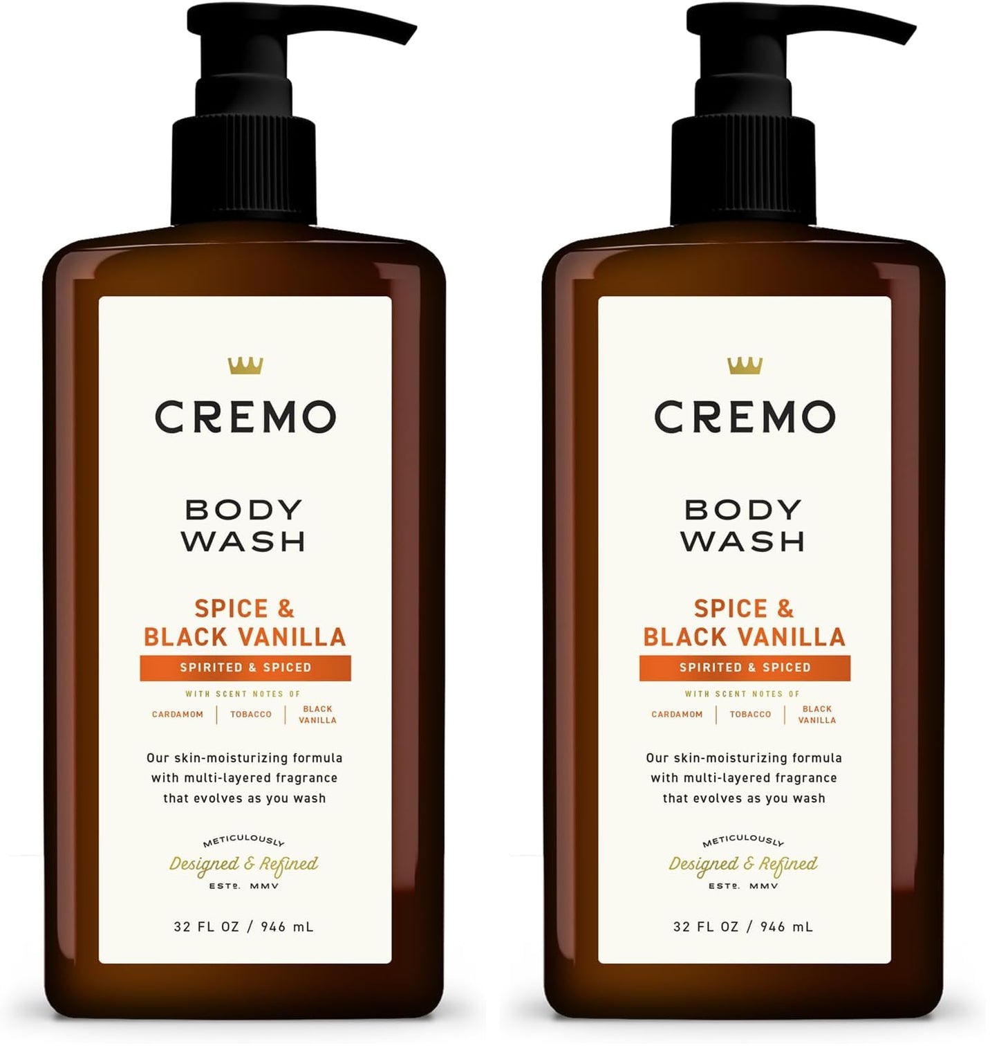 Cremo Rich-Lathering Spice & Black Vanilla Body Wash for Men, Notes of Spices, Dark Woods and Black Vanilla, 32 Fl Oz,(Pack of 2)