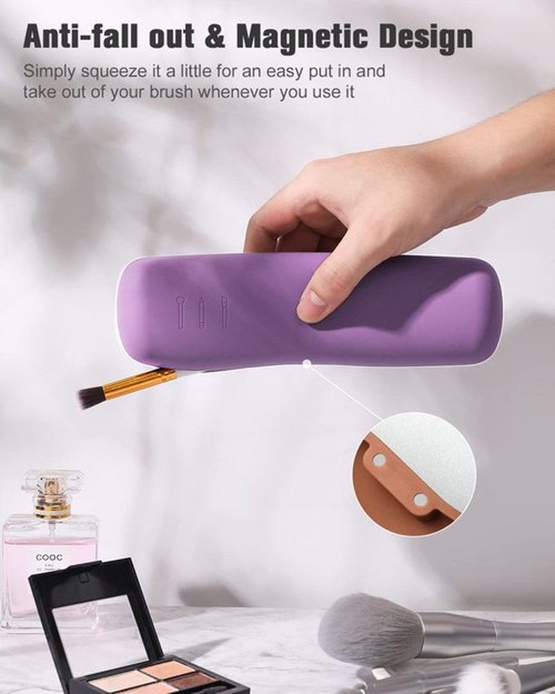 FERYES Makeup Brush Holder, Magnetic Anti-fall Out Silicon Portable Cosmetic Face Brushes Holder, Soft and Sleek Makeup Tools Organizer for Travel- Purple