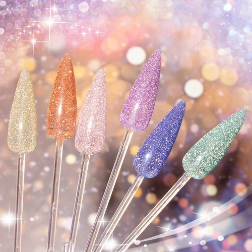 MIZHSE Reflective Jelly Gel Nail Polish 6 Pcs, Glitter Diamond Flash Disco Gel Polish Sparkle Pink Gold Green, Macaron Pink Purple Green Blue Soak Off UV LED Home Salon Manicure Set 7ml