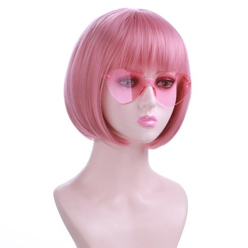PATTNIUM Pink Bob Wig for Women Short Straight Pink Bob Wig with Bangs Sythetic Wig with Wig Cap