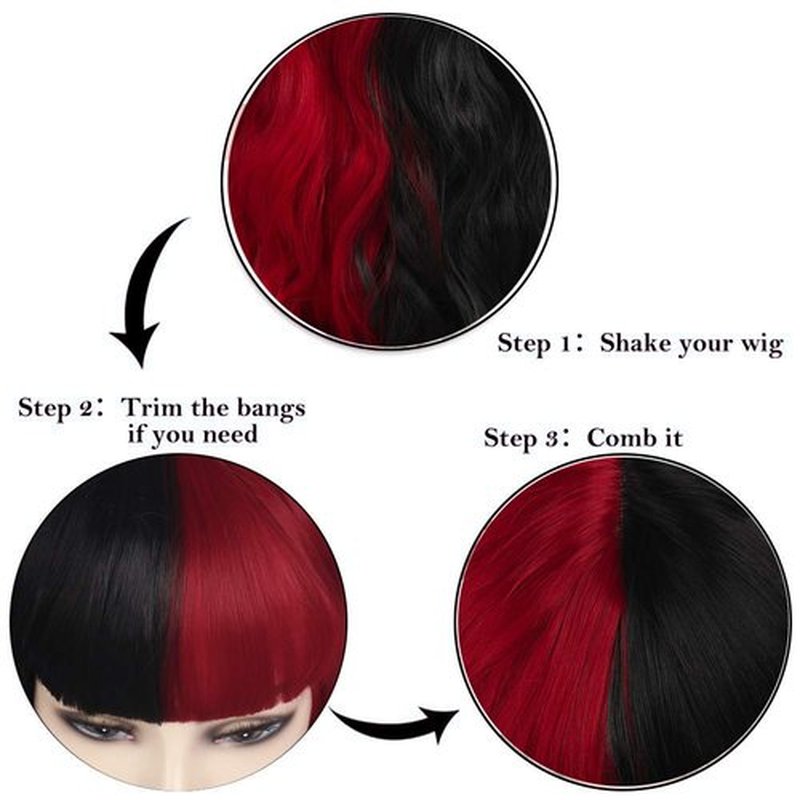Baruisi Half Black Half Red Wig Long Curly Wavy Synthetic Heat Resistant Bangs Wig for Women