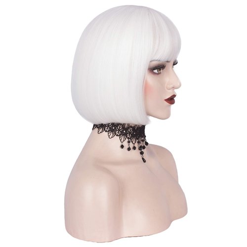 WeKen Bob White Wigs with Bangs Short White Full Bangs Wig for Black White Women Synthetic Halloween Cosplay Wig Daily Use 11 Inch