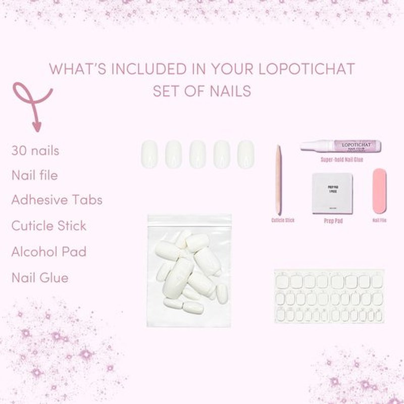 Lopotichat Ultra-Resistant Gel Press-On Nails Set - 30 Nails in 15 Sizes for Perfect & Natural Fit - Reusable Manicure for DIY Salon-Quality Nails at Home (White Gem)