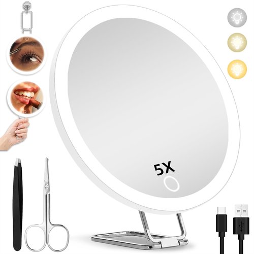 5X Magnifying Mirror with Light, 5X Makeup Magnifying Mirror, 6'' LED Magnifying Mirror Large Lighted Makeup Magnification Mirror with Adjustable Stand & Suction Cups, Compact Travel Magnifying Mirror