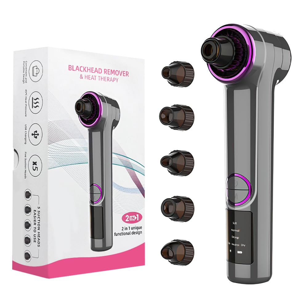 Blackhead Remover Pore Vacuum with Heating Function, Electric Comedone Extractor with 3 Suction Levels & 9 Modes, for Deep Pore Cleansing on Nose and Face with 5 Interchangeable Heads