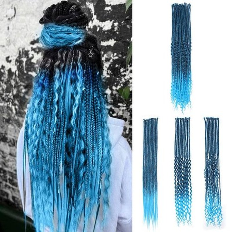 Quiduis 30 Inch 30 Strands SE Dreadlock Extensions,3 In 1 Mixed Synthetic Dreads Extensions,Black to Blue Curly&Straight&Boho Single Ended Dreads Extensions Hippie Style Dreadlock for Women
