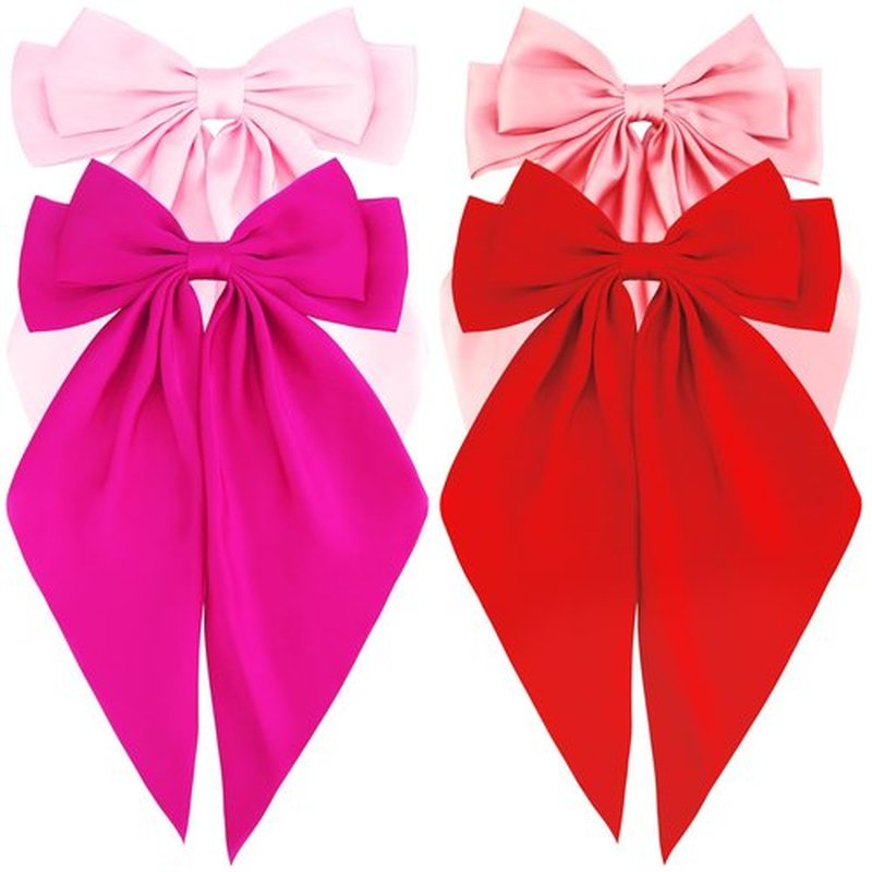 Atoden Hair Bows Silky Satin Bows for Hair Ribbons 4Pcs Coquette Oversized Long Tail Hair Bow Clips Barrettes Big Bowknot Hair Accessories for Women Girl Trendy Stuff Gifts (Pink Red)