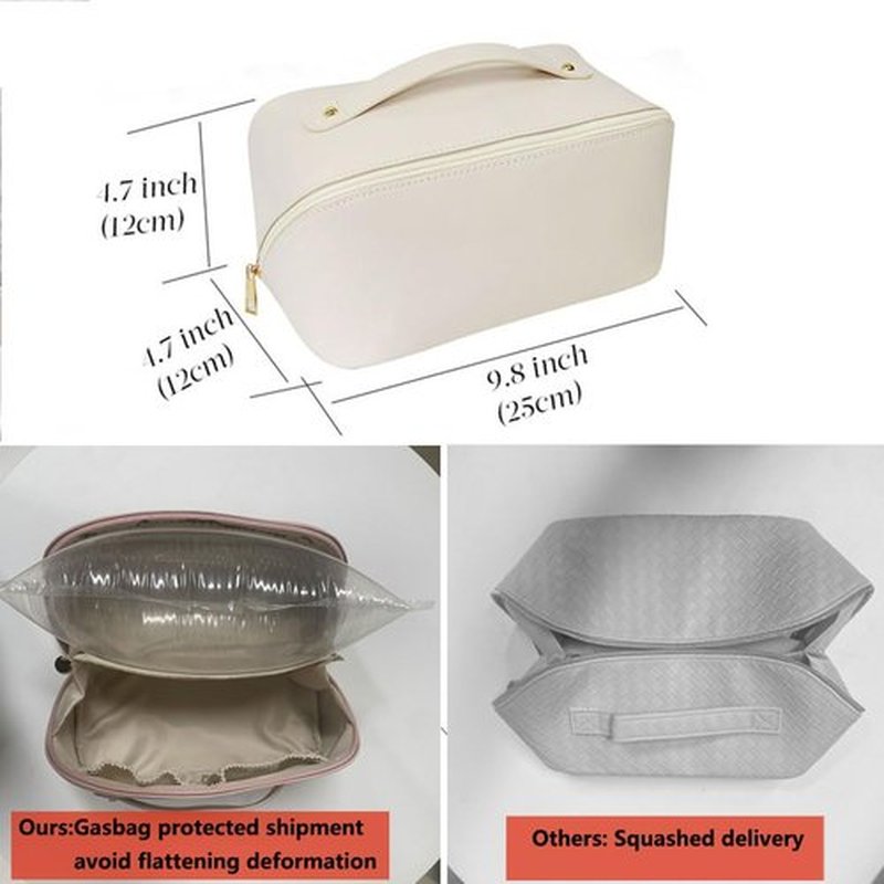 MINGRI Large Capacity Travel Cosmetic Bag for Women,Portable PU Leather Makeup Bag Water Resistant,Flat Open Multifunctional Storage Travel Toiletry Bag with Divider and Handle(White)
