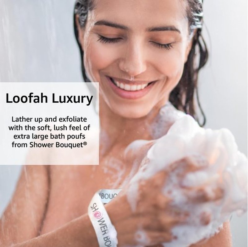 SHOWER BOUQUET Loofah-Bath-Sponge XL-75g-Soft-Set 4-Pack-Pastel-Colors - Extra-Large Mesh Pouf Scrubber for Men and Women - Exfoliate with Big Lathering Cleanse