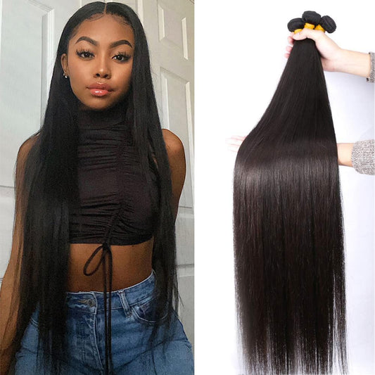 Human Hair Bundles Straight Bundles Human Hair 3 Bundles 100% Unprocessed Brazilia Virgin Hair Straight Bundles Double Weft Weave Human Hair Bundles Human Hair Deals Natural Black(12 14 16 Inch)