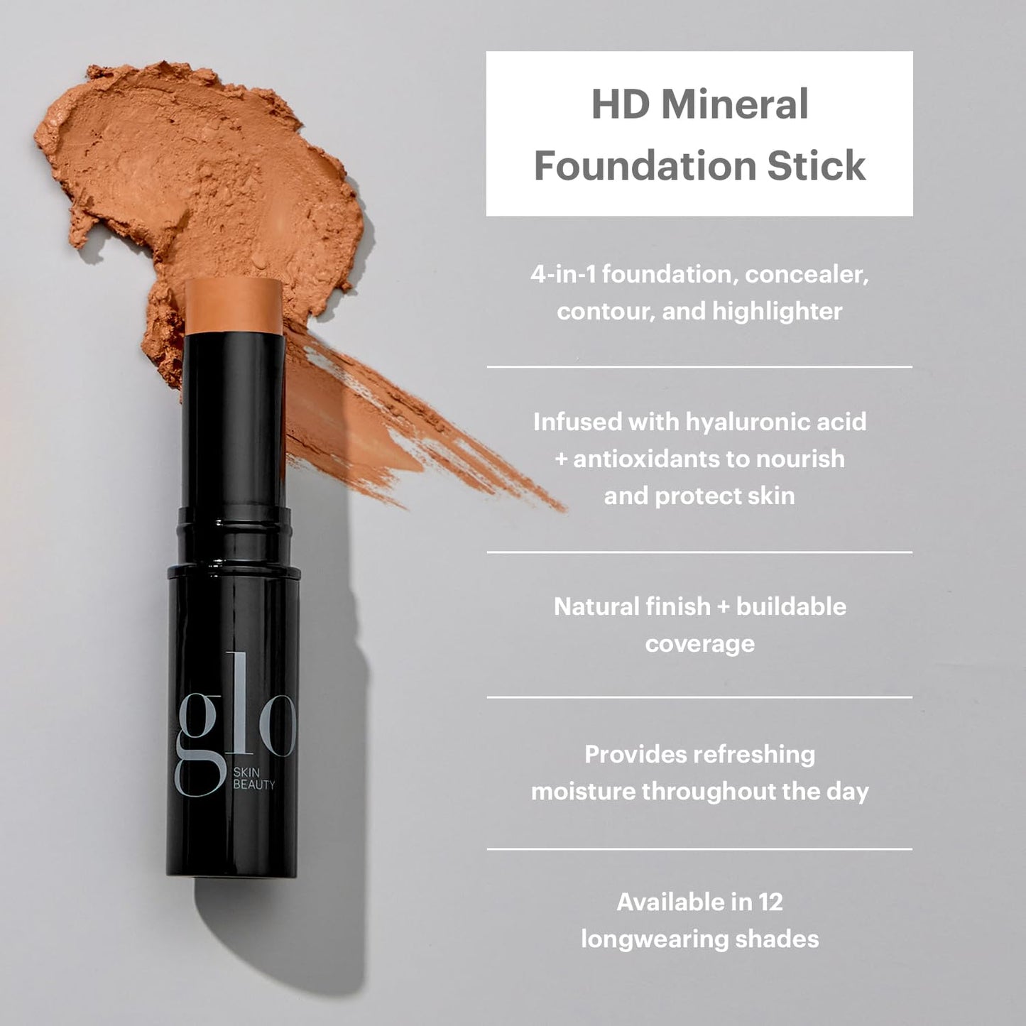 Glo Skin Beauty HD Mineral Foundation Stick - Concealer Makeup Infused with Hyaluronic Acid - Buildable Coverage, Contour & Highlighter (Buff 6W)