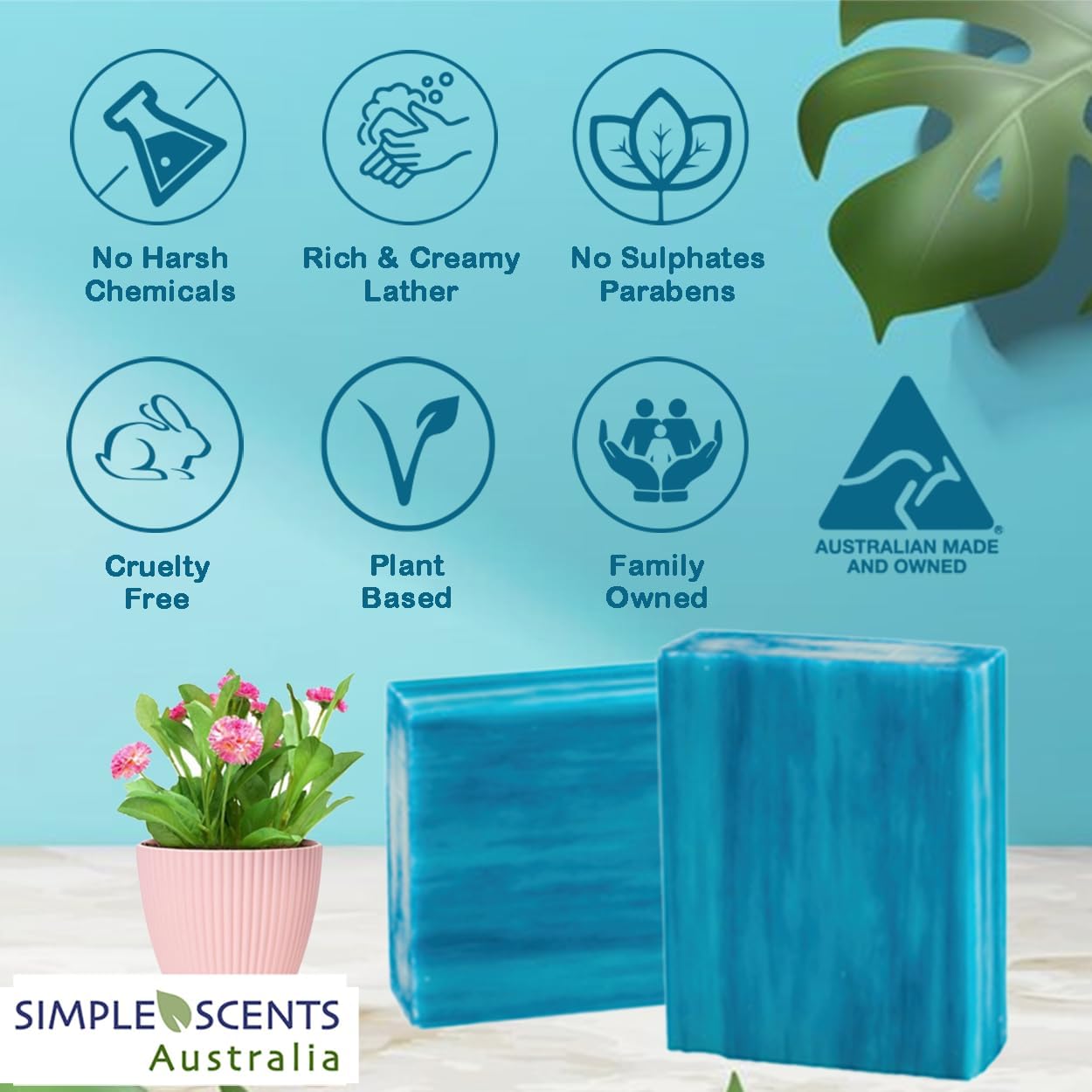 Simple Scents Australia Ocean Breeze Scented Natural Soap Bars (5 Bars), 3.5oz Moisturizing French Triple Milled Soap Bars Enriched with Shea Butter - Pure Plant Oil Bath & Body