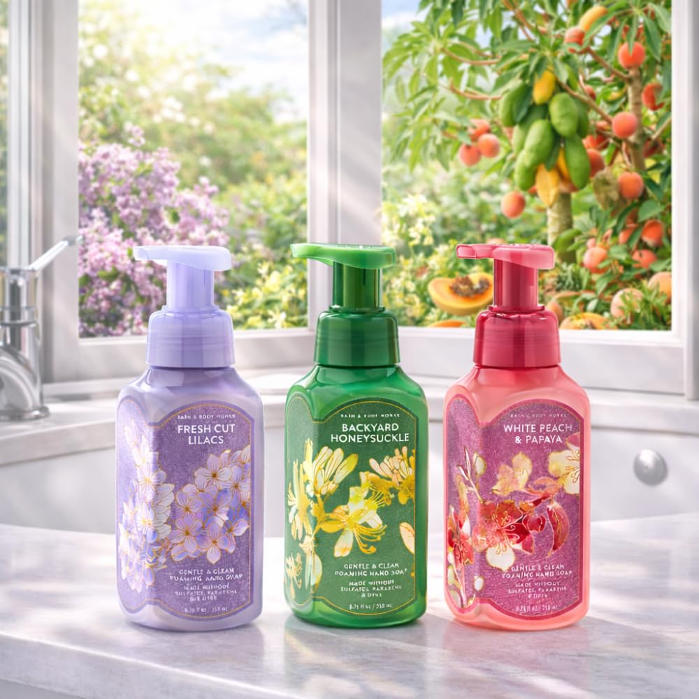 Bath & Body Works Gentle & Clean Foaming Hand Soap – FRESH CUT LILACS, BACKYARD HONEYSUCKLE, WHITE PEACH & PAPAYA 3pc bundle – 8.75 fl oz each - Fresh Floral & Fruity Scents