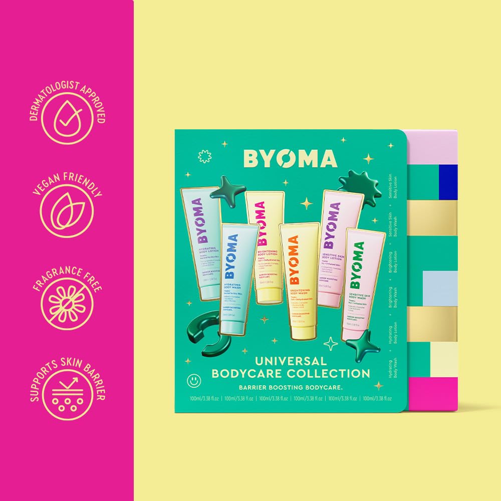 BYOMA Body Care Trial and Travel Kit (6-Piece Set) - Support the Skin Barrier with Hydrating, Brightening, and Sensitive Travel Size Body Wash and Lotion