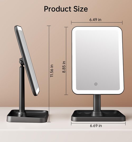 Famihomii Rechargeable Makeup Mirror with Lighting, Lighted Makeup Mirror with 3 Model Lights & 10X Mini Magnifying Mirror, 360° Rotation Durable Table Mirror with Storage, Detachable Design