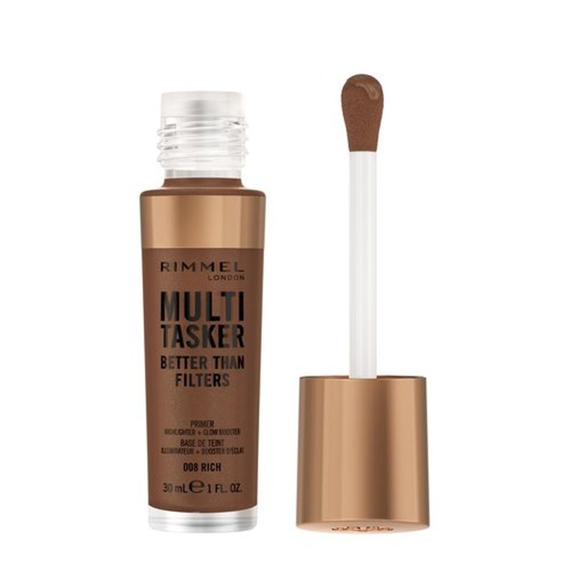 Rimmel Multi-Tasker Better Than Filters, 008 Rich, Face Primer, Glow Booster and Highlighter, Vegan Formula, Anti-Ageing Benefits, Light-Reflecting Pigments, Giant Soft-Touch Wand, 1oz