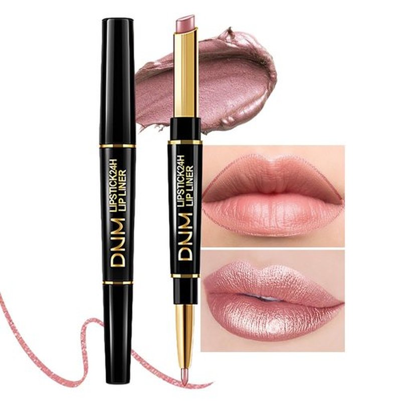 2 in 1 Rose Nude Matte Lip Liner & Lipstick Combination, DNM Metallic Dual Ended Lipstick, Lip Liner, Lip Gloss, 24 Hour all Day Long-Lasting Waterproof Lipliners Pen for Women Lip Makeup Gift Set 17#