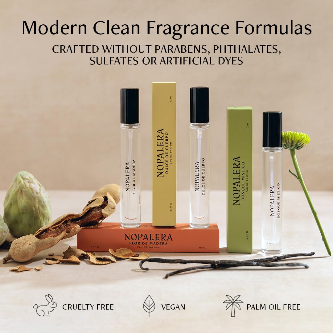 Nopalera Travel Fragrance Trio Gift Set, Three 10ml Eau de Parfum Sprays Featuring Bosque Místico, Dulce de Cuerpo and Flor de Madera, Clean Fragrance, Free from Pthalates (3x10ml)
