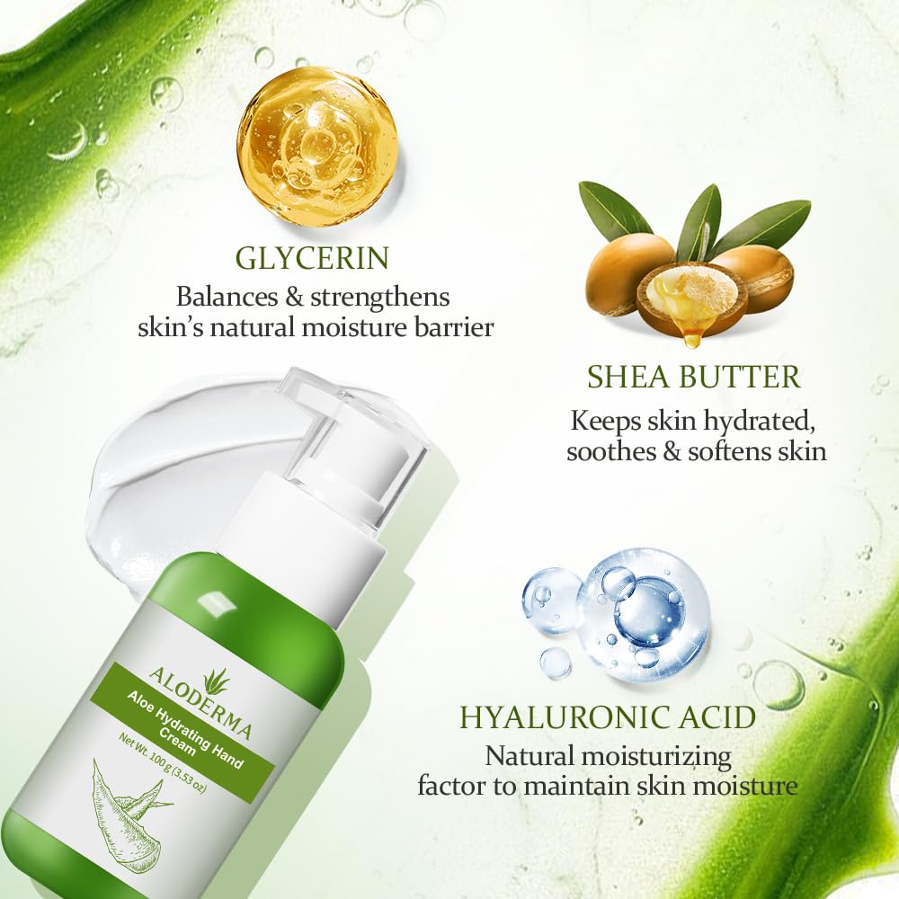 Aloderma Aloe Hydrating Hand Cream, 3.5oz Travel Size - Non-Greasy Gentle Hand Cream for Dry, Cracked Hands, Lightweight Lotion Made with Fresh Organic Aloe Vera and Shea Butter for Soft Hands