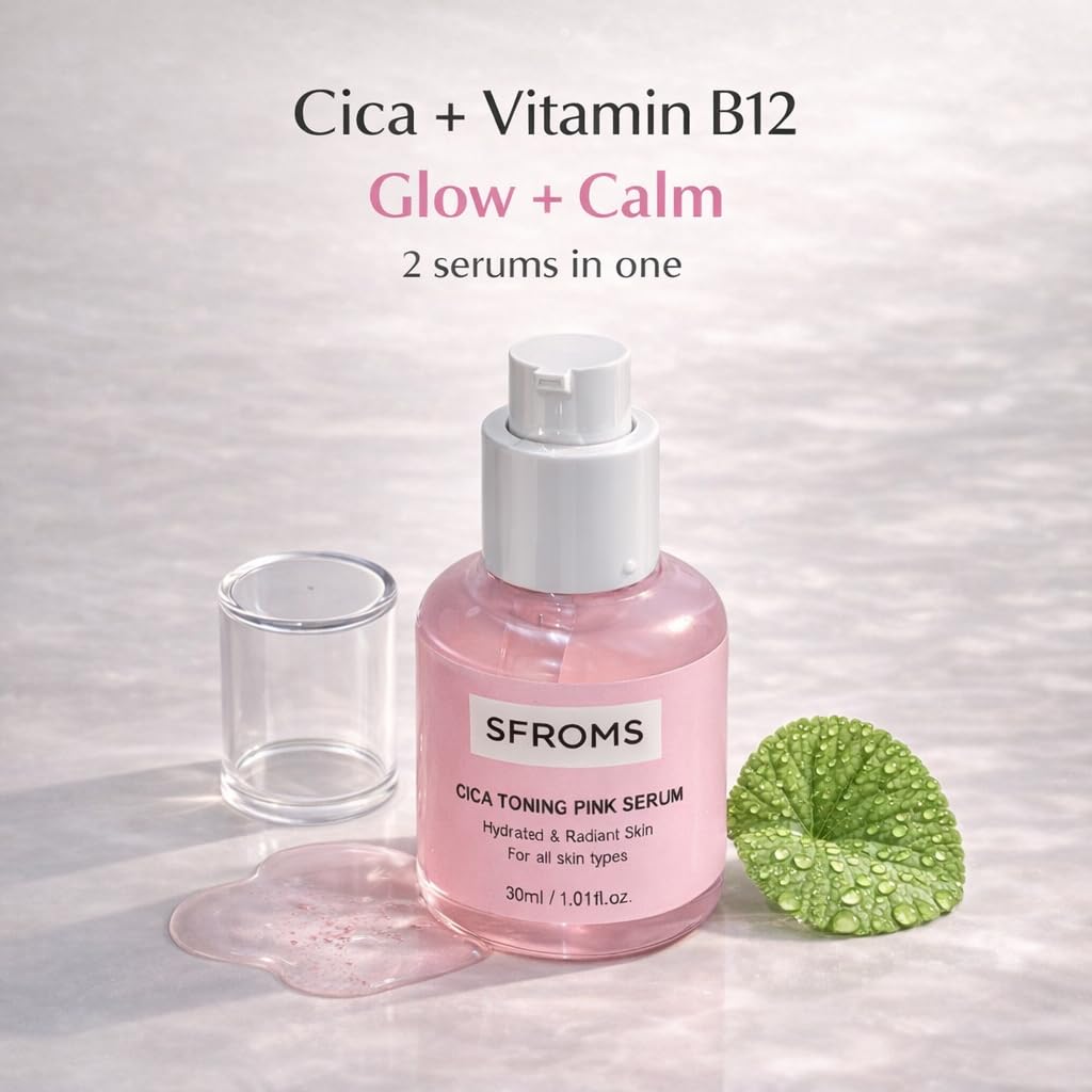 SFROMS Cica Toning Pink Serum with Vitamin B12 & Niacinamide-Brightening Hydrating Serum for Sensitive Skin, Dermatologically Tested, Fragrance-Free, Korean Skincare, 30 ml / 1.01 fl.oz