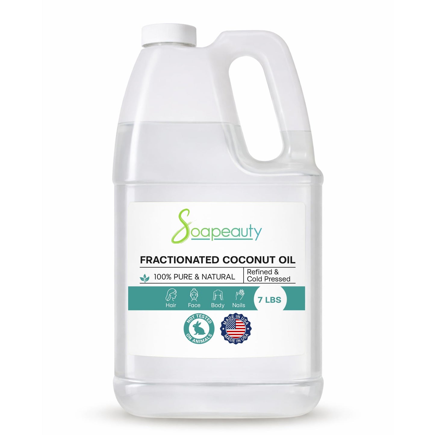 Soapeauty FRACTIONATED COCONUT OIL Cold Pressed Refined | 100% Natural Available in Bulk | Carrier for Essential Oils, Face, Skin, Hair Moisturizer, Soap Making | 7 Lb