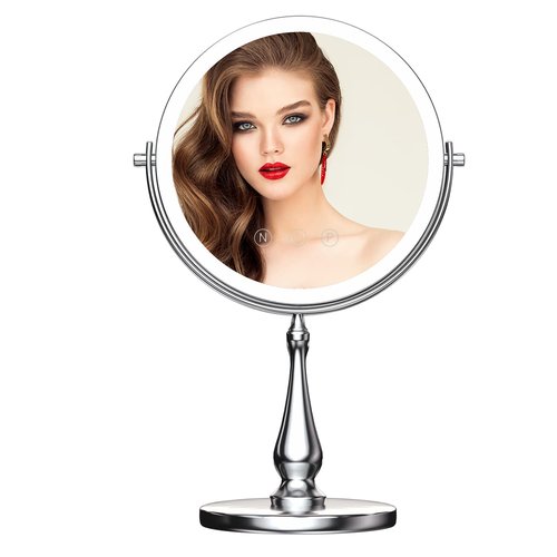 WIZCHARK 9" Large Lighted Makeup Mirror, 1X/10X Magnifying Vanity Mirror with 3 Colors Dimmable Lightning, 80 LED Lights, 360°Rotation Double Sided Standing Desk Mirror