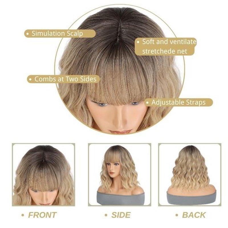 MeaYOO Ombre Blonde Wig with Bangs Short Bob Wavy Wig with Bangs for Women Loose Curly Shoulder Length Wig Synthetic Wig Cosplay Wig for Girl Daily Use Colorful Wig Cosplay Wigs 14 Inch