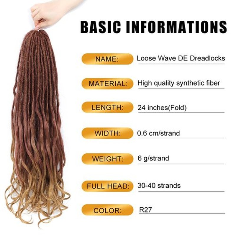 Aguacor Loose Wave Dreadlocks Synthetic French Curly Double Ended Dreadlock Extensions 24inches 10 Strands Thin Soft Red Brown to Brown Spanish Curly DE Dreadlock Extension for Women (10 Strands, R27)
