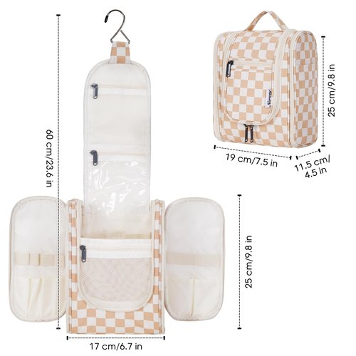 Narwey Small Hanging Toiletry Bag Women Travel Makeup Bag Organizer Toiletries Bag for Travel Size Essentials Accessories Cosmetics (Medium, Light Checkerboard-1)