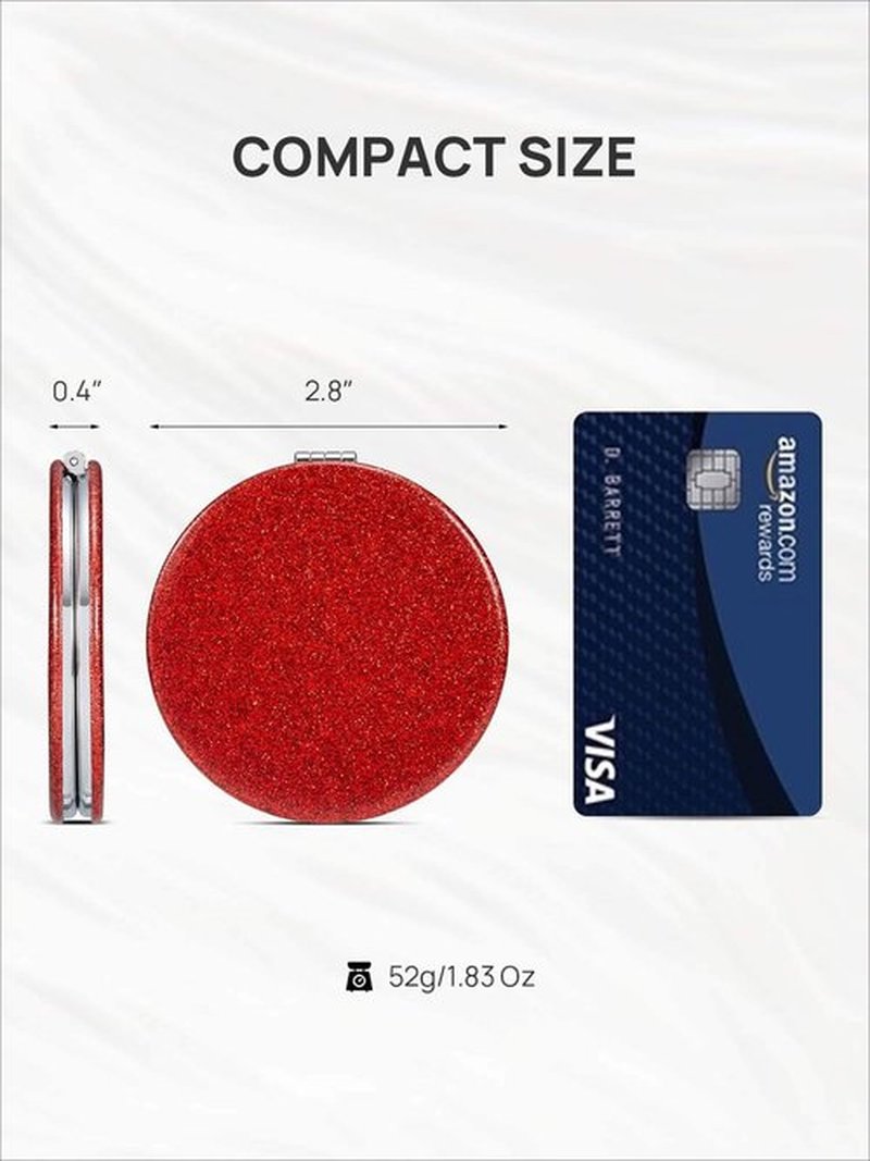 OMIRO 1X/10X(300R) Magnifying Compact Mirror with PU Leather, Ultra-Portable for Purses and Travel, Round Red
