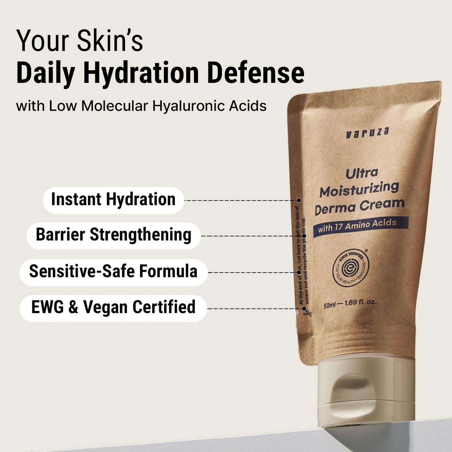 varuza Ultra Moisturizing Derma Facial Cream with 17 Amino Acids Vegan Nano Liposome Cream Low Molecular Weight Hyaluronic Acid Oil Free