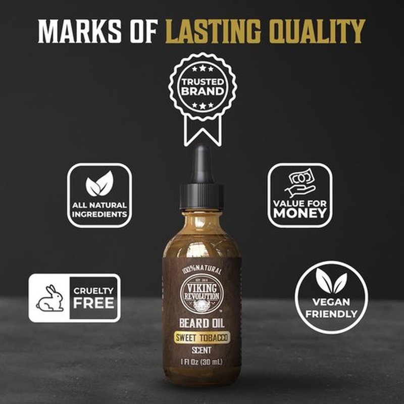 Viking Revolution Sweet Tobacco Beard Oil for Men - Natural Mens Beard Oil with Argan Oil and Jojoba Oil - Beard Softener, Strengthens and Moisturizes - Beard Conditioner for Men (Sweet Tobacco,1Pack)